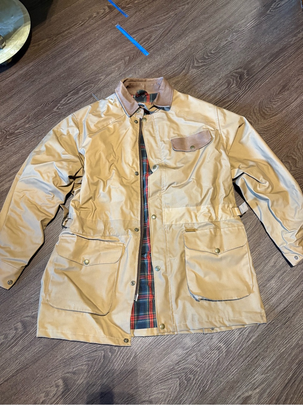 Men's Tan Field Jacket with Contrast Collar and Plaid Lining